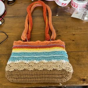 Boho knitted crochet bag with patchwork interior EUC 9x15